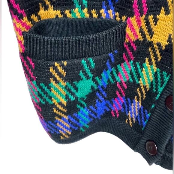 Vintage 100% Lambswool Plaid Cardigan Sweater Small Black Multicolor V-Neck - Picture 6 of 13